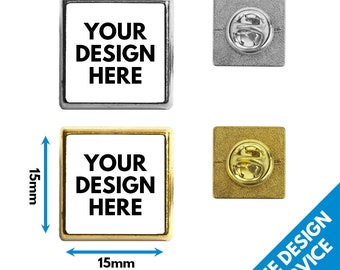 15mm Metal Lapel Pin Badges • Personalised Square Button Badge • Hen & Stag • Charity Wedding Club • Design Photo Text • Free Design Service