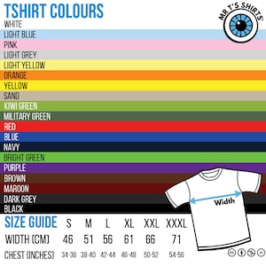 May include: T-shirt color chart with a size guide. The chart shows 18 different colors, including white, light blue, pink, light grey, light yellow, orange, yellow, sand, kiwi green, military green, red, blue, navy, bright green, purple, brown, maroon, dark grey, and black. The size guide shows the width in centimeters and chest in inches for sizes S, M, L, XL, XXL, and XXXL.