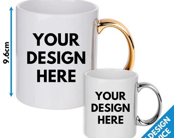 Op maat bedrukte mokken met verchroomd handvat van 11 oz • Wij drukken je afbeeldingen af | Foto's | Logo's | Kunstwerk | Ontwerpen | Tekst • Goudzilveren mok • Glanzende afwerking