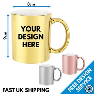 Custom Printed Shiny Chrome Gold & Silver Mugs Personalised Text