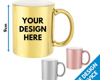 Custom Printed Shiny Chrome Gold & Silver Mugs - Personalised Text Photo Logo Birthday Gift Business Band Promotional Mug Cup