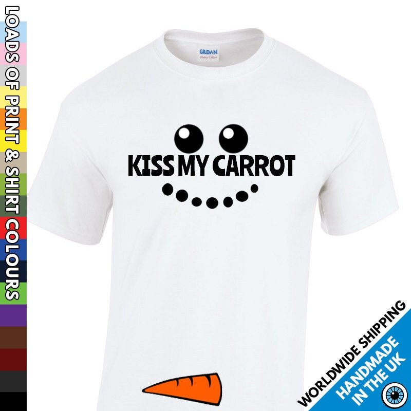 Image of Mens Kiss My Carrot Rude Snowman Christmas T Shirt Costume - Xmas Party Tshirt Printed White Snow T-Shirt Mans Night Out Outfit Top