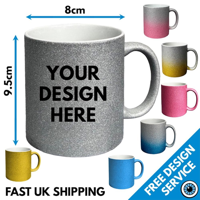 Puede incluir: Una taza con purpurina plateada e interior blanco que presenta el texto negro YOUR DESIGN HERE. La taza mide 9,5 cm de alto y 8 cm de ancho. Otras tazas m&aacute;s peque&ntilde;as con varios degradados de color brillante rodean la taza principal.