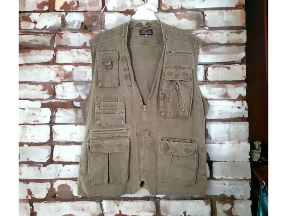 80s Fly Fishing Vest Jacket Adjustable Multiple Pockets Green