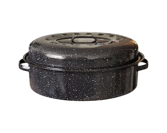 Vintage 1970s Speckled Black Enamel Roaster with Lid – 16" Turkey and Beef Kitchen Pan