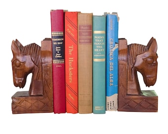 Vintage horse head bookends hand carved wood folk art mid-century equestrian 6"
