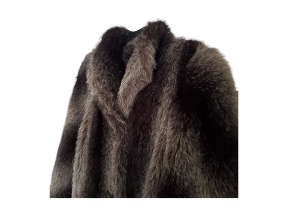 80s faux fur coat button front lined long dark li… - image 8