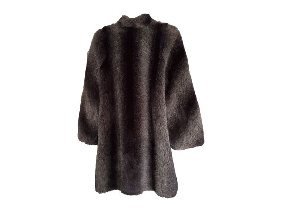 80s faux fur coat button front lined long dark li… - image 6