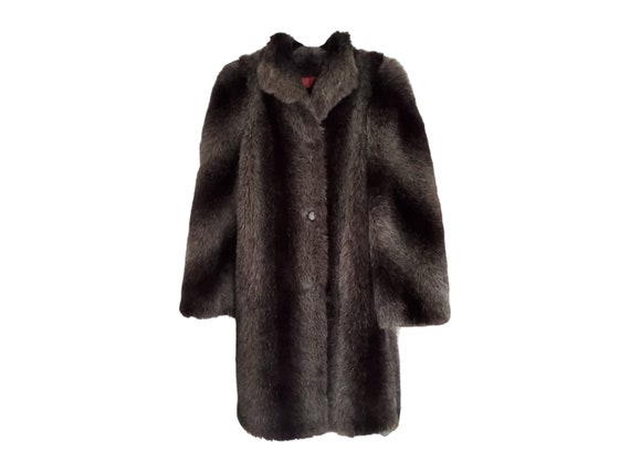 80s faux fur coat button front lined long dark li… - image 1