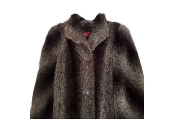 80s faux fur coat button front lined long dark li… - image 3