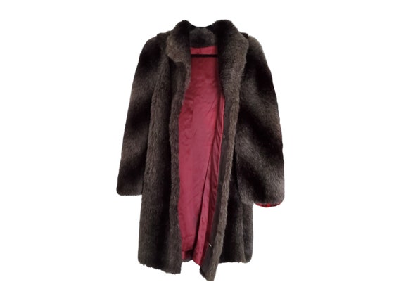 80s faux fur coat button front lined long dark li… - image 2