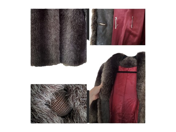 80s faux fur coat button front lined long dark li… - image 9