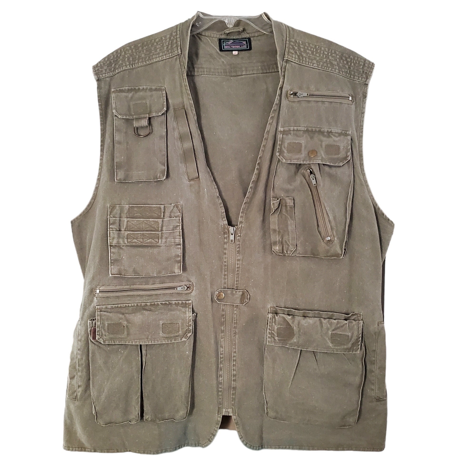 80s Fly Fishing Vest Jacket Adjustable Multiple Pockets Green Canvas XXL 