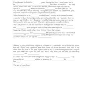 May include: A white paper titled "Maid of Honor Wedding Speech Cheat Sheet" with fill-in-the-blank sections. The text includes prompts for personal anecdotes, hopes for the couple, and a toast. Useful for wedding planning.
