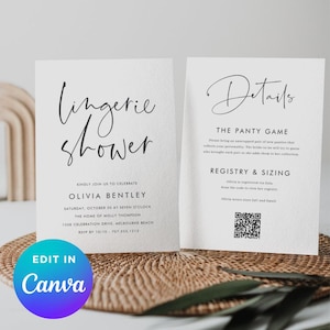 May include: Two white cards with black text on a woven mat. The left card reads "Lingerie Shower" and includes event details. The right card says "Details" and describes a game. A Canva logo is in the bottom left.