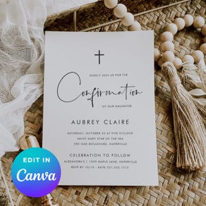 Pode incluir: Um convite de Confirmação com uma cruz e uma escrita elegante. O convite inclui o texto "Kindly join us for the Confirmation of our daughter Aubrey Claire" e detalhes do evento. O logotipo Canva é visível.
