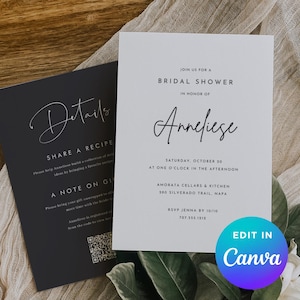 Könnte beinhalten: Zwei Karten für eine Brautparty. Eine ist weiß mit schwarzem Text, einschließlich des Namens "Anneliese" in Kursivschrift. Die andere ist dunkelgrau mit dem Wort "Details" in Kursivschrift. Das Canva-Logo befindet sich unten rechts.