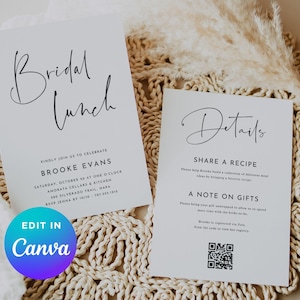Könnte beinhalten: Zwei weiße Karten mit schwarzem Text. Auf einer Karte steht "Bridal Lunch" in Kursivschrift mit Veranstaltungsdetails darunter. Die andere Karte trägt die Aufschrift "Details" und enthält Anweisungen zum Teilen eines Rezepts und eine Notiz zu Geschenken. Ein Canva-Logo ist sichtbar.