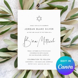 May include: A white invitation card with black text and a Star of David symbol. The card reads "Kindly join us to celebrate Jordan Blake Silver as they are called to the Torah as a Bar Mitzvah." The card is surrounded by green leaves and has a Canva logo.