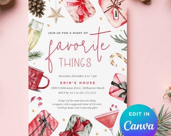 May include: A festive invitation with the text "Join us for a night of favorite things." The design includes illustrations of wrapped gifts, a cocktail, and holiday decorations. The invitation is for Erin's House, December 6 at 7 pm.