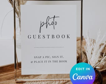 Photo Guestbook Sign Printable, Snap a Pic & Sign It Wedding Sign 8x10, Modern Minimalist Editable Canva Template, Instant Download