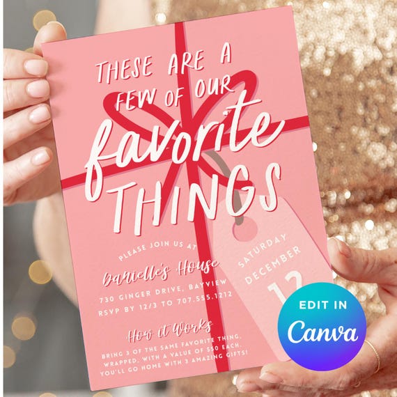 Favorite Things Party Invitation · Pink Holiday Christmas Gift Exchange Invite · Editable Canva Template