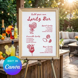 May include: A framed sign on a wooden easel displays a "Spritz Bar" menu with Aperol, Limoncello, and Hugo Spritz recipes. The sign is surrounded by bottles of liquor, glasses, and garnishes like lemons and oranges. The Canva logo is visible.