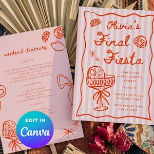 May include: Pink bachelorette party invitations with orange text and illustrations. One card reads "Olivia's Final Fiesta" with event details. The other card is a weekend itinerary. Both cards have a retro design with a cocktail glass illustration.