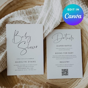 Minimalist Baby Shower Invitation Template | Simple Elegant Double Sided | Editable Canva Invite