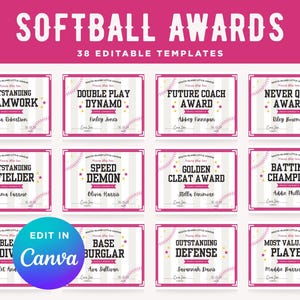 Puede incluir: Premios de softbol rosas con texto que incluye "Outstanding Teamwork", "Double Play Dynamo" y "Future Coach Award". Los premios tienen un tema de béisbol y son editables en Canva.