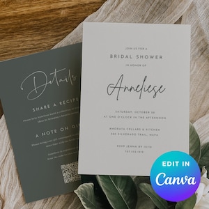 May include: Two invitation cards for a bridal shower. One is a light grey card with the text "Join us for a Bridal Shower in Honor of Anneliese". The other is a dark green card with the word "Details".