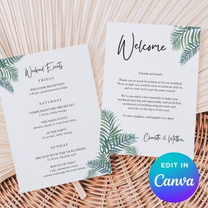 Peut inclure: Deux cartons de bienvenue de mariage blancs avec des accents de feuilles tropicales vertes. L'un indique "Weekend Events" avec un programme. L'autre dit "Welcome" avec un message. Le logo Canva est visible.