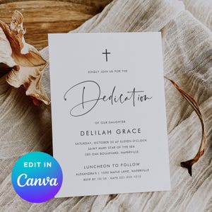 May include: A white invitation card with the word "Dedication" in elegant script, a cross, and event details. The card includes the text "Edit in Canva" in a blue and purple circle.