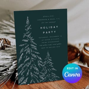 May include: A dark teal holiday party invitation with white text and a stylized Christmas tree design. The invitation includes the text "HOLIDAY PARTY" and event details. A Canva logo is in the bottom right corner.
