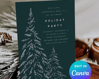 May include: A dark teal holiday party invitation with white text and a stylized Christmas tree design. The invitation includes the text "HOLIDAY PARTY" and event details. A Canva logo is in the bottom right corner.