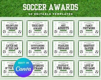 May include: A collection of 50 editable soccer award certificate templates featuring green and white striped backgrounds, soccer ball graphics, and bold black text. The designs include titles like Relentless Striker and True Grit Award, with placeholders for names, dates, and coach signatures.