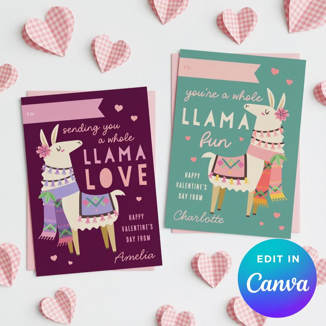 Llama Valentine Cards for Kids | Editable Classroom Valentines (canva ...