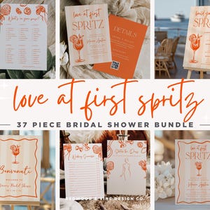 May include: A collection of orange and white bridal shower stationery with the text "love at first spritz" and "37 piece bridal shower bundle". The stationery includes invitations, games, and signage with cocktail illustrations.