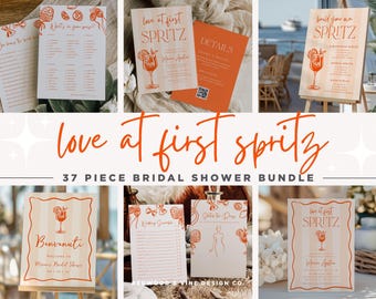 May include: A collection of orange and white bridal shower stationery with the text "love at first spritz" and "37 piece bridal shower bundle". The stationery includes invitations, games, and signage with cocktail illustrations.
