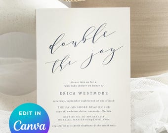 Puede incluir: Una tarjeta de invitación color crema con una elegante caligrafía que dice "double the joy". La tarjeta es para un baby shower de gemelos, con detalles que incluyen el nombre de la homenajeada, la fecha, la hora y el lugar. Un botón colorido "Edit in Canva" está en la esquina inferior izquierda.