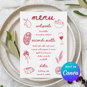 Italian Dinner Menu Template, Editable Canva Menu, Red Whimsical Doodle Party Menu Card, Pasta Night Printable