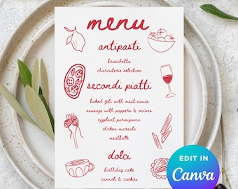 Italian Dinner Menu Template, Editable Canva Menu, Red Whimsical Doodle Party Menu Card, Pasta Night Printable