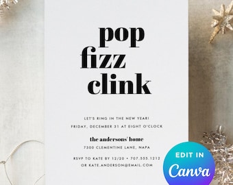 Plantilla de invitación para fiesta de Nochevieja con temática pop moderna / Invitación editable de Canva para Nochevieja / Fiesta de Año Nuevo en blanco y negro