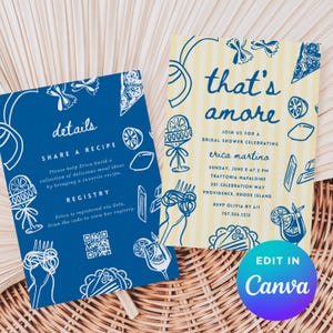 May include: Two invitation cards with a food theme. One is blue with white illustrations and text that says "details". The other is yellow with blue text that says "that's amore" and event details. Both cards have food illustrations.