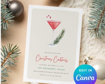 May include: Christmas Cocktails invitation with a watercolor illustration of a red cocktail, candy cane, and pine sprig. The invitation includes event details and the text "Edit in Canva."