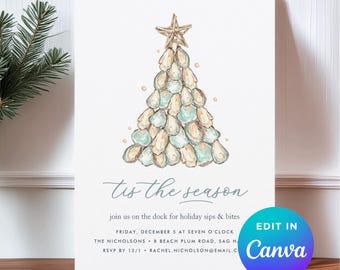 May include: A holiday invitation card featuring a watercolor illustration of a Christmas tree made of oyster shells, topped with a gold star. The text "Tis the season" is written in elegant script. The invitation includes event details and a Canva edit button.
