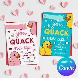 Puede incluir: Dos tarjetas de San Valentín con ilustraciones de patos y la frase "You Quack Me Up". Una tarjeta es rosa con detalles rojos, la otra es turquesa con detalles amarillos. Ambas tarjetas tienen un borde rojo y están rodeadas de corazones de papel rosa.