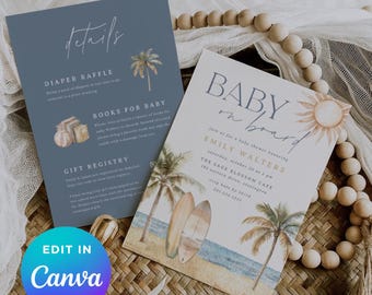 Baby on Board Baby Shower Invitation Template | Coastal Surf Beach Invite | Double Sided Editable Canva Printable
