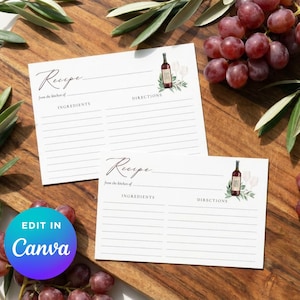 Bridal Shower Recipe Card Template 4x6 | Wine Theme | Editable Canva Printable