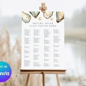 Coastal Wedding Alphabetical Seating Chart | Watercolor Oyster Design | Editable Canva Template  (18x24")